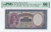 GREECE: 500 Drachmas (1.1.1939) in lilac and blue with girl in traditional costume at left. Variety: "ENI" instead of "EΠI". S/N: "Α-036 209597". WMK:...