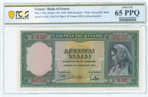 GREECE: 1000 Drachmas (1.1.1939) in green with girl in traditional Athenian costume at right. S/N: "H-021 496518". WMK: Archaic head. Printed by BWC (...
