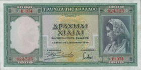 GREECE: 1000 Drachmas (1.1.1939) in green with girl in traditional Athenian costume at right. S/N: "Β-074 824325". WMK: Archaic head. Printed by BWC (...