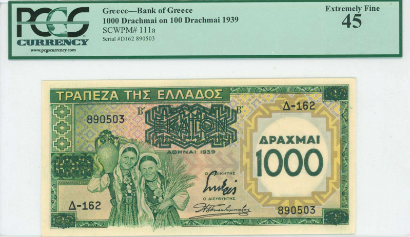 GREECE: 1000 Drachmas on 100 Drachmas (1939) in green and yellow with two young ...