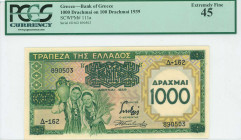 GREECE: 1000 Drachmas on 100 Drachmas (1939) in green and yellow with two young girls carrying a sheaf of wheat and an amphora at left. S/N: "Δ-162 89...