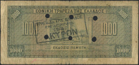 GREECE: 1000 Drachmas (15.10.1926) of 1941 Emergency re-issue cancelled banknote with black box-cachet "ΤΡΑΠΕΖΑ ΤΗΣ ΕΛΛΑΔΟΣ - ΕΝ ΑΓΡΙΝΙΩ" (Very common...