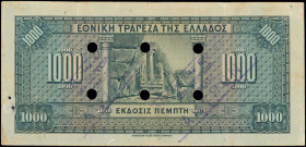 GREECE: 1000 Drachmas (4.11.1926) of 1941 Emergency re-issue cancelled banknote with two lilac box-cachets "ΤΡΑΠΕΖΑ ΤΗΣ ΕΛΛΑΔΟΣ - ΕΝ ΒΕΡΡΟΙΑ 1938" (Co...