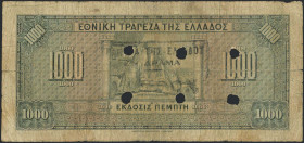 GREECE: 1000 Drachmas (15.10.1926) of 1941 Emergency re-issue cancelled banknote with black box-cachet "ΤΡΑΠΕΖΑ ΤΗΣ ΕΛΛΑΔΟΣ - ΕΝ ΔΡΑΜΑ" (Common) on ba...