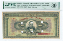 GREECE: 1000 Drachmas (4.11.1926) of 1941 Emergency re-issue cancelled banknote with violet box-cachet "ΤΡΑΠΕΖΑ ΤΗΣ ΕΛΛΑΔΟΣ - ΕΝ ΚΙΑΤΩ" (Rare) on back...
