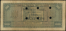 GREECE: 1000 Drachmas (15.10.1926) of 1941 Emergency re-issue cancelled banknote with black box-cachet "ΤΡΑΠΕΖΑ ΤΗΣ ΕΛΛΑΔΟΣ - ΕΝ ΛΑΡΙΣΗ 1935" (Common)...