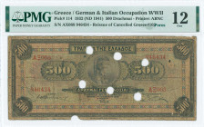 GREECE: 500 Drachmas (1.10.1932) 1941 Emergency re-issue cancelled banknote with two black box-cachets "ΤΡΑΠΕΖΑ ΤΗΣ ΕΛΛΑΔΟΣ - ΕΝ ΠΟΡΩ" (Rare) on back ...