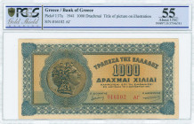 GREECE: 1000 Drachmas (1.10.1941) in blue on orange unpt with Alexander the Great at left. Suffix S/N: "016102 AΓ". Title of back without background. ...