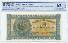 GREECE: 1000 Drachmas (1.10.1941) in blue on orange unpt with Alexander the Great at left. Prefix S/N: "KY 127403". Title of back on white background....