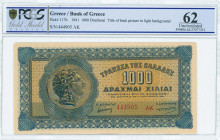 GREECE: 1000 Drachmas (1.10.1941) in blue and brown with coin of Alexander the Great at left. Suffix S/N: "444905 ΛΚ". Title of back on white backgrou...