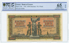 GREECE: 5000 Drachmas (20.6.1942) in black on orange, blue and green unpt with statue of Nike of Samothrace at center with worker and peasant at left ...