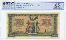 GREECE: 5000 Drachmas (20.6.1942) in black on orange, blue and green unpt with statue of Nike of Samothrace at center with worker and peasant at left ...