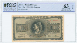 GREECE: 1000 Drachmas (21.8.1942) in black on blue and orange unpt with girl in traditional costume from Thasos at center. Prefix S/N: "ΑΩ 912907" of ...