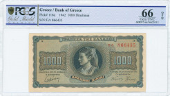 GREECE: 1000 Drachmas (21.8.1942) in black on blue and orange unpt with girl in traditional costume from Thasos at center. Prefix S/N: "ΠΑ 866435" of ...