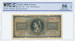 GREECE: 1000 Drachmas (21.8.1942) in black on blue and orange unpt with girl in traditional costume from Thasos at center. Suffix S/N: "012420 NP" of ...