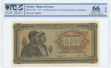 GREECE: 10000 Drachmas (29.12.1942) in black on blue, brown and orange underprint with couple of peasants at left. Prefix S/N: "AE 768584". Title of b...