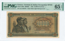 GREECE: 10000 Drachmas (29.12.1942) in black on blue, brown and orange unpt with couple of peasants at left. S/N: "ΑΣ 485878". Title of back on white ...
