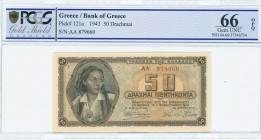 GREECE: 50 Drachmas (1.2.1943) in brown on blue and orange unpt with girl in traditional costume at left. S/N: "ΑA 879660". Printed in Athens. Inside ...