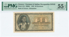 GREECE: Remainder of 50 Drachmas (1.2.1943) in brown on blue and orange unpt with girl in traditional costume at left. Without S/N. Printed in Athens....