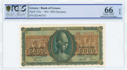 GREECE: 5000 Drachmas (19.7.1943) in green and brown with Goddess Athena at center. Prefix S/N: "ΖΩ 966342" of 3,5mm height. Printed in Athens. Inside...