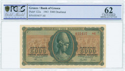 GREECE: 5000 Drachmas (19.7.1943) in green and brown with Goddess Athena at center. Suffix S/N: "035437 AE" of 4,5mm height. Printed in Athens. Inside...