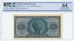 GREECE: 50000 Drachmas (14.1.1944) in blue and black on pale orange unpt with head of youth boy at center. S/N: "534156 AΘ". Printed in Athens. Inside...