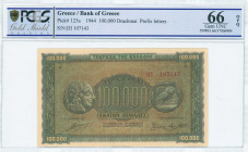 GREECE: 100000 Drachmas (21.1.1944) in black on brown, blue and green unpt with ancient athenian coin of 4 Drachmas at left and right. Prefix S/N: "ΙΠ...