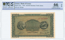 GREECE: 100000 Drachmas (21.1.1944) in black on brown, blue and green unpt with ancient athenian coin of 4 Drachmas at left and right. Prefix S/N: "AZ...