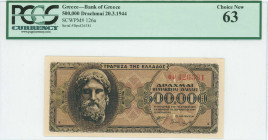 GREECE: 500000 Drachmas (20.3.1944) in black on brown unpt with God Zeus at left. Prefix S/N: "ΒΨ 426381" of 4,5mm height. Inside holder by PCGS "Choi...