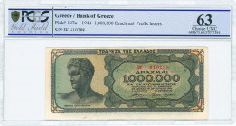 GREECE: 1 million Drachmas (29.6.1944) in black on blue-green and pale orange unpt with youth from Anticythera at left. Prefix S/N: "IK 610288" of 3,5...