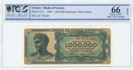 GREECE: 1 million Drachmas (29.6.1944) in black on blue-green and pale orange unpt with youth from Anticythera at left. Prefix S/N: "AE 734246" of 4,5...