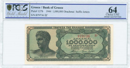 GREECE: 1 million Drachmas (29.6.1944) in black on blue-green and pale orange unpt with youth from Anticythera at left. Suffix S/N: "879736 ΞΓ" of 4,5...