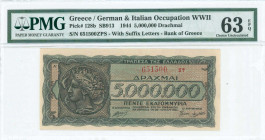GREECE: 5 million Drachmas (20.7.1944) in black and dark blue on pale orange unpt with Arethusa on dekadrachm of Syracuse at left. Suffix S/N: "651500...