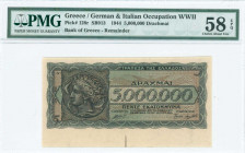 GREECE: Bottom marginal remainder of 5 million Drachmas (20.7.1944) in black and dark blue on pale orange unpt with Arethusa on dekadrachm of Syracuse...
