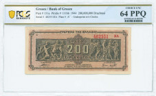 GREECE: 200 million Drachmas (9.9.1944) in brown on dark orange unpt with Panathenea detail from Parthenon frieze at center. Suffix S/N: "402551 ΞΛ" o...