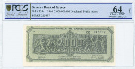 GREECE: 2 billion Drachmas (11.10.1944) in black on light green unpt with Panathenea detail from Parthenon frieze. Prefix S/N: "KE 215697" of 3,5mm he...