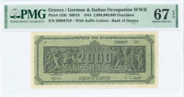 GREECE: 2 billion Drachmas (11.10.1944) in black on light green underprint with Panathenea detail from Parthenon frieze. Suffix S/N: "200897 ΕΠ" of 3m...