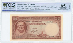 GREECE: 50 Drachmas (ND 1945 / old date 1.1.1941) in red with Hesiod at left. S/N: "β.Γ-171 916710". WMK: Goddess Athena. Printed by TDLR. Inside hold...