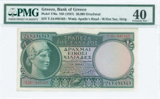 GREECE: 20000 Drachmas (ND 1947) in dark green on multicolor unpt with Athena at left. S/N: "Τ.15- 945163". Variety: Without security strip. WMK: God ...