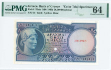 GREECE: Color trial specimen of 20000 Drachmas (ND 1947) in blue on multicolor unpt with Goddess Athena at left. Without S/N. Linear ovpt "SPECIMEN" a...