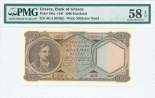 GREECE: 1000 Drachmas (9.1.1947) in dark brown on blue and orange unpt with Theodoros Kolokotronis at left. S/N: "AE-3 292962". WMK: Miltiades. Printe...
