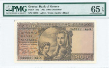 GREECE: 5000 Drachmas (9.6.1947) in brown on multicolor unpt with personification of Motherhood at center. S/N: "245331 AΔ-3". WMK: God Apollo. Printe...