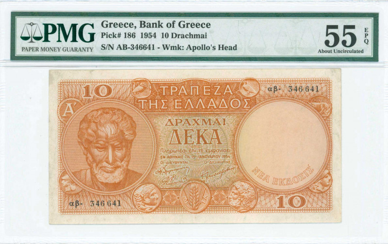 GREECE: 10 Drachmas (15.1.1954) in orange on multicolor unpt with Aristotle at l...