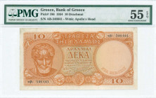 GREECE: 10 Drachmas (15.1.1954) in orange on multicolor unpt with Aristotle at left. S/N: "αβ- 346641". WMK: God Apollo. Printed by Bank of Greece. In...