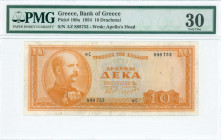 GREECE: 10 Drachmas (15.5.1954) in orange on light blue unpt with King George I at left. S/N: "αζ 888753". WMK: God Apollo. Printed by Bank of Greece....