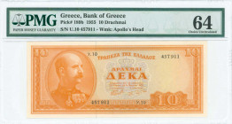 GREECE: 10 Drachmas (1.3.1955) in orange on light blue unpt with King George I at left. S/N: "γ.10 457911". WMK: God Apollo. Printed by Bank of Greece...