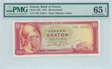GREECE: 100 Drachmas (1.7.1955) in red on yellow and green unpt with Themistocles at left. S/N: "N.02 163341". WMK: Miltiades. Printed by Bank of Gree...