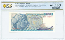 GREECE: 50 Drachmas (1.10.1964) in blue and purple on multicolor unpt with Arethusa at left. S/N: "16T 902615". WMK: Youth of Anticythera. Printed by ...