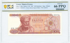 GREECE: 100 Drachmas (1.10.1967) in red and dark red on multicolor unpt with Demokritos at left. S/N: "25Φ 560732". WMK: The youth of Anticythera. Pri...