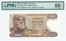 GREECE: 1000 Drachmas (1.11.1970) in brown on multicolor unpt with Zeus at left. S/N: "01Z 599182". WMK: Aphrodite of Knidus. Printed by Bank of Greec...